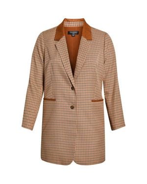 Tahari Plaid Topper With Faux Suede Trim - Brown