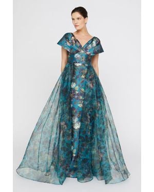 THEIA Azaria Draped V-Neck Mikado Gown - Blue