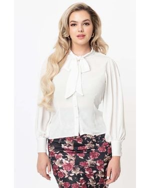 Unique Vintage Long Sleeve Neck Tie Gwen Blouse - White