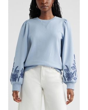 Treasure & Bond Embroidered Sleeve Cotton Sweatshirt - Blue