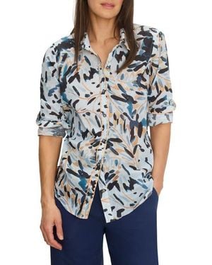 NIC+ZOE Abstract Floral Print Embroidered Cotton Button-Up Top - Blue