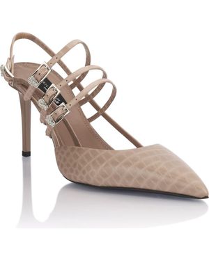Philipp Plein Cocco Print High Heels Slingbacks Skull Belts 9 - Metallic