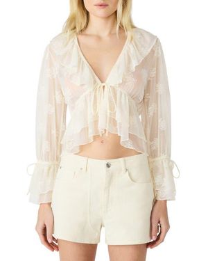 Steve Madden Montana Floral Embroidery Ruffle Detail Knit Top - White
