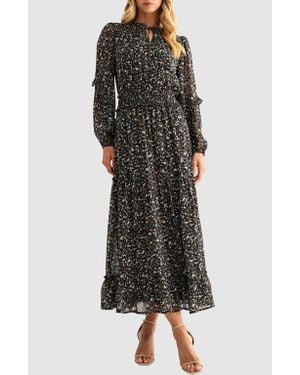 Mila + Mate Floral Print Tie Neck Long Sleeve Maxi Dress - Black