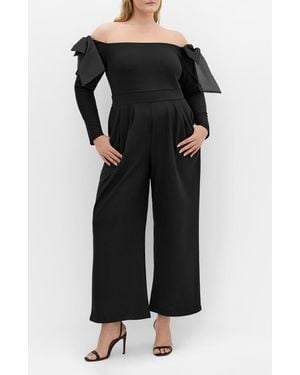 City Chic Stacie Off The Shoulder Bow Long Sleeve Jumpsuit - Black