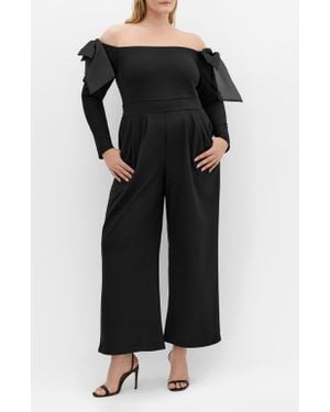 City Chic Stacie Off The Shoulder Bow Long Sleeve Jumpsuit - Black
