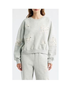 LoveShackFancy Linetta Lace Bow Inset Cotton Blend Sweatshirt - Gray