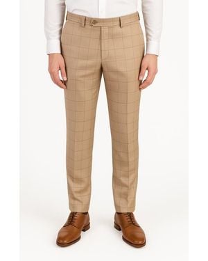 Berle Windowpane Check Flat Front Wool & Silk Blend Dress Pants - Natural