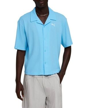 PUMA Closet Essentials Waffle Knit Boxy Button-Up Shirt - Blue