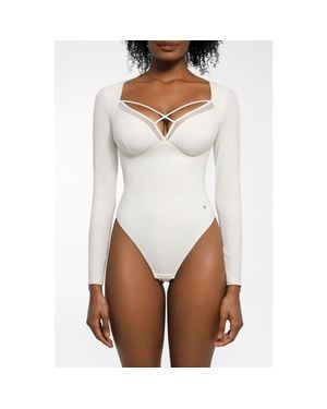 Popilush Shapewear Long Sleeve Mesh Inset Tummy Control Bodysuit - White