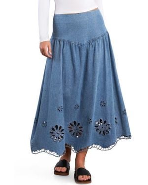 Wash Lab Denim Camellia Floral Cutout Denim Maxi Skirt - Blue