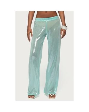 Edikted Avalee Sequin Low Rise Wide Leg Pants - Blue