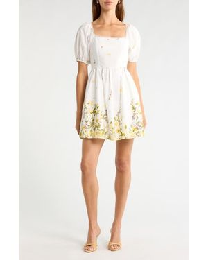 Sugarlips Raina Floral Print Puff Sleeve Flare Dress - White