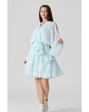 Le Fafo Silk Chiffon Tie Belt Short Dress - Blue