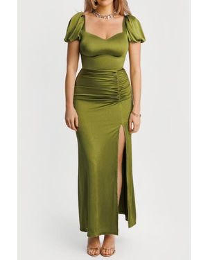 Popilush Shapewear Square Neck Slimming Sculpting Maxi Dress With Sleeves - Green