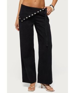 Edikted Button Foldover Low Rise Wide Leg Jeans - Black