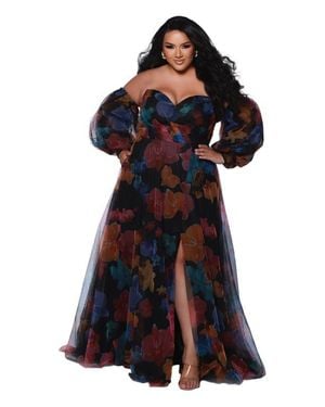 Sydney's Closet Floral Strapless Sweetheart Neckline Plus Size A-Line Gown - Black