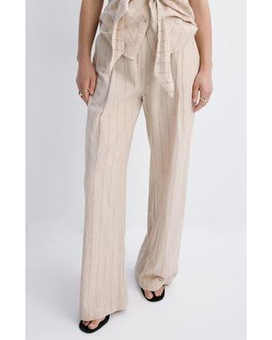 Mango Pinstripe Wide Leg Linen & Cotton Pants - Natural