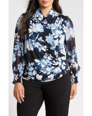Anne Klein Floral Mixed Media Faux Wrap Blouse - Black