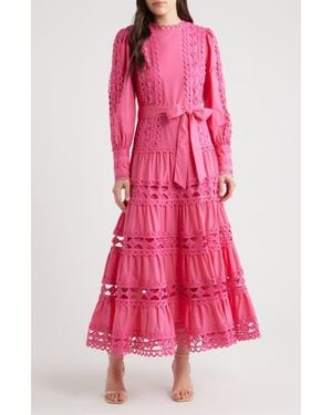 LAYERED WITH LOVE Lace Trim Long Sleeve Cotton Maxi Dress - Red