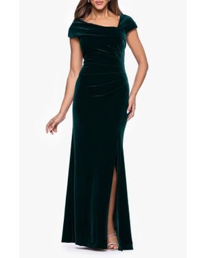 Xscape Evenings Asymmetric Neck Cap Sleeve Stretch Velvet Gown - Black