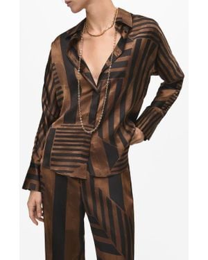 Mango Stripe Satin Button-Up Shirt - Brown