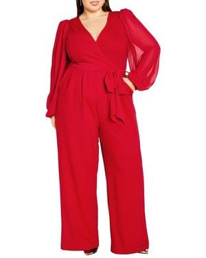 City Chic Belted Sheer Long Sleeve Jumpsuit - Red