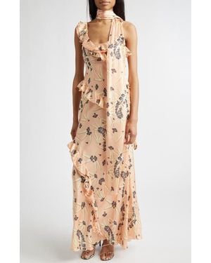 Siedres Monica Floral Tiered Ruffle Satin Maxi Dress With Detachable Scarf Tie - Natural