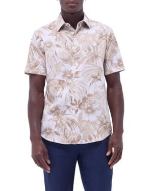 Bugatchi Orson Trim Fit Floral Short Sleeve Stretch Cotton Button-Up Shirt - Blue