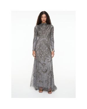 MARYISA Modest Embellished Sequin Beaded Dress Maxi With Cowl Neck - Gray