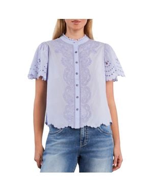 Wash Lab Denim Sweet Lace Trim Cotton Blend Top - Blue