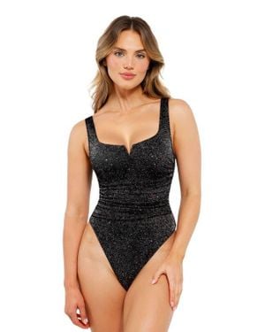 Popilush Shapewear Ruched Metallic Knit Square Neck Slimming Bodysuit - Black
