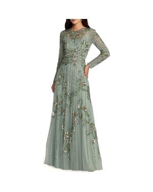 Mac Duggal Embellished Tulle Long Sleeve A Line Gown - Green