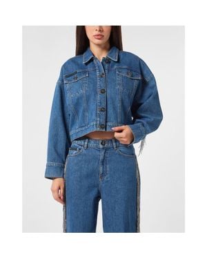 Philipp Plein Denim Cropped Jacket Crystal Fringes - Blue