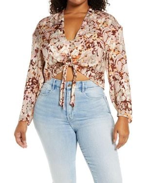 Open Edit Floral Tie Front Blouse - Blue