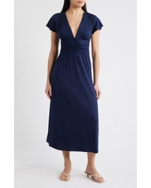 Loveappella Ruched Bodice Midi Dress - Blue