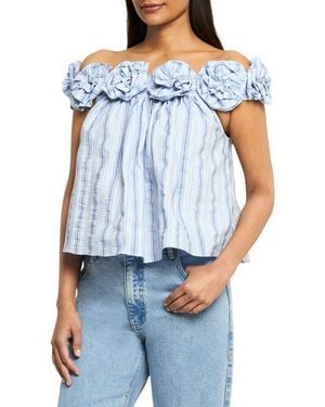 Cinq À Sept Kelsey Off The Shoulder Cotton Blend Seersucker Top - Blue