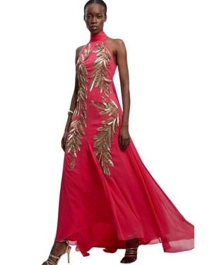 Karen Millen Halter Neck Embellished Maxi Dress - Red