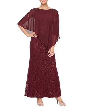 Sl Fashions Beaded Lace & Chiffon Capelet Gown - Red