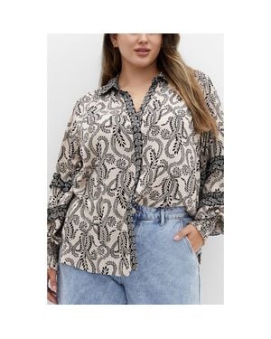 City Chic Lylah Mixed Long Sleeve Button-Up Shirt - Gray