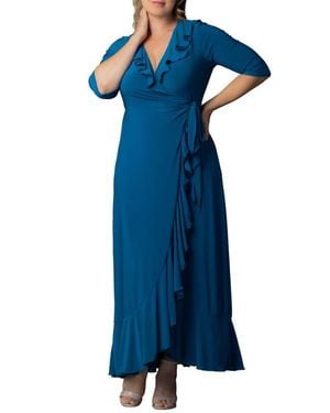 Kiyonna Maritime Ruffle Wrap Maxi Dress - Blue