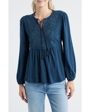 Lucky Brand Floral Embroidered Peplum Top - Blue