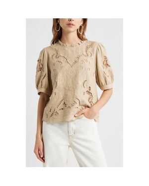 Treasure & Bond Embroidered Cutwork Puff Sleeve Linen Blend Top - Natural