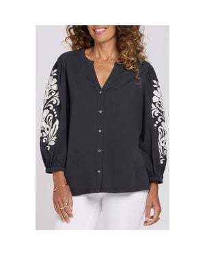 NYDJ Embroidered Balloon Sleeve Cotton Button-Up Shirt - Black