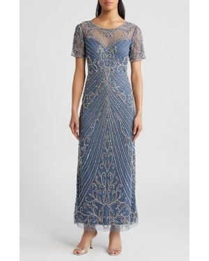 Pisarro Nights Illusion Beaded Mesh Column Gown - Blue