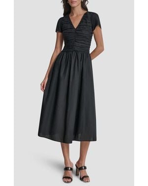 DKNY Ruched Bodice Linen Blend Midi Dress - Black