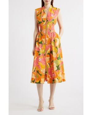 Vince Camuto Abstract Floral Cotton Midi Dress - Orange