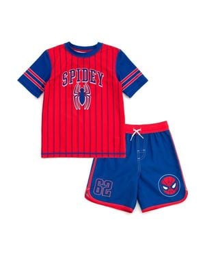 Marvel Spider- 2-Piece Rash Guard And Swim Trunks Set - Red