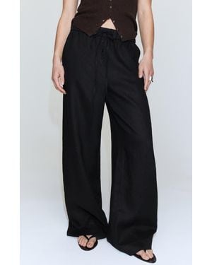 Mango Wide Leg Button Detail Linen Pants - Black