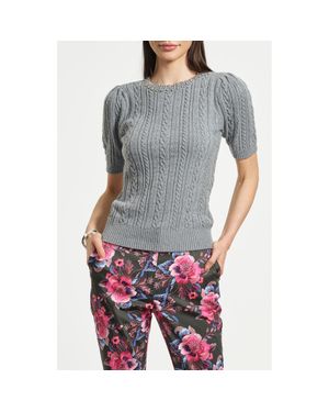 Isaac Mizrahi New York Embellished Puff Sleeve Cotton & Wool Blend Cable Sweater - Gray